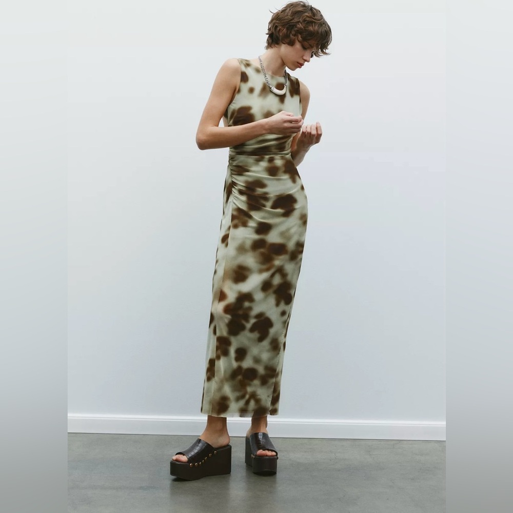 ZARA DRAPED PRINTED MIDI DRESS